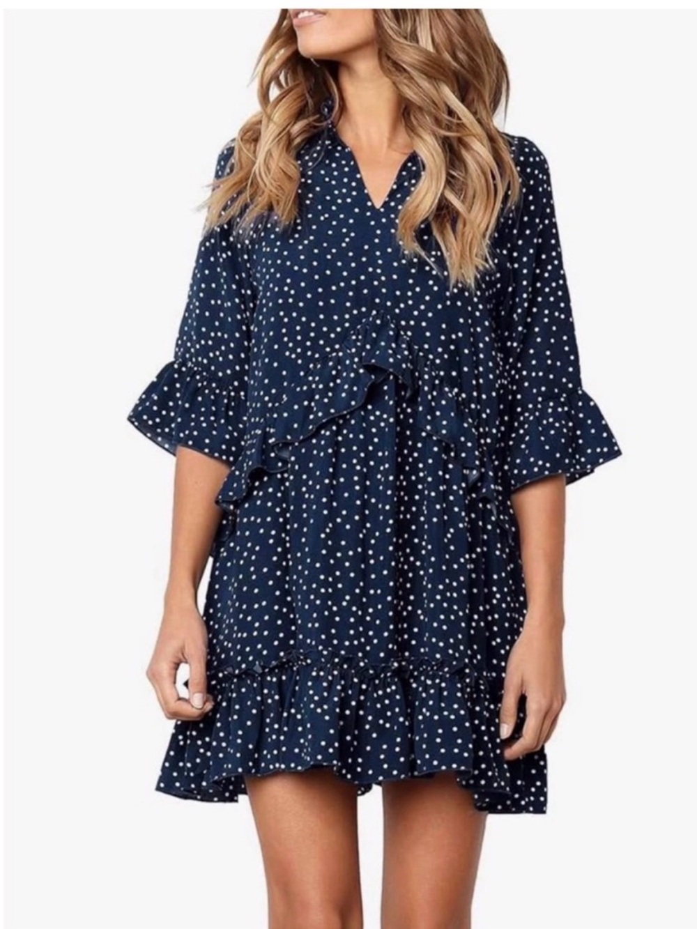 Polka Dot Ruffle Dress Size Medium Blue Blue Flowy Mini Dress Women